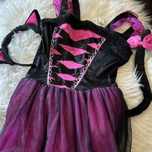 Girls' Black & Purple Cat Costume Dress with Headband and Tail